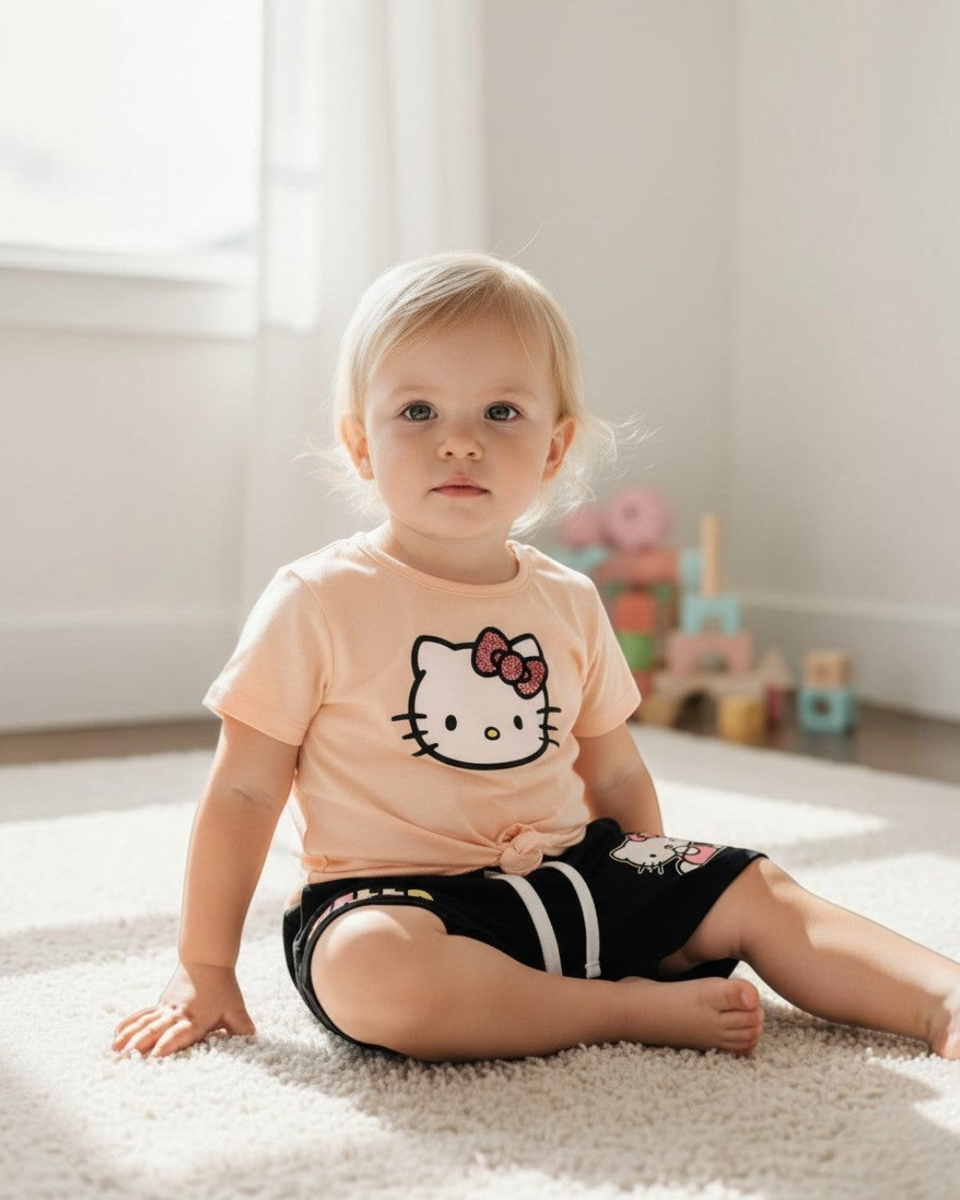 Calla Lily Cosmetics + CL kids Hello Kitty tan short set with tie-front top and black shorts with Hello Kitty graphic.