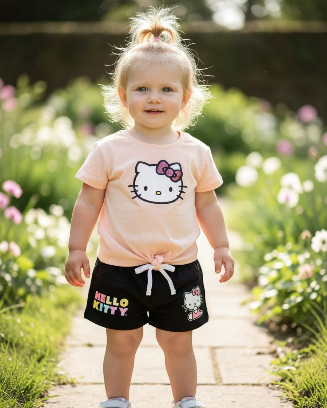 Calla Lily Cosmetics + CL kids Hello Kitty tan short set with tie-front top and black shorts with Hello Kitty graphic.