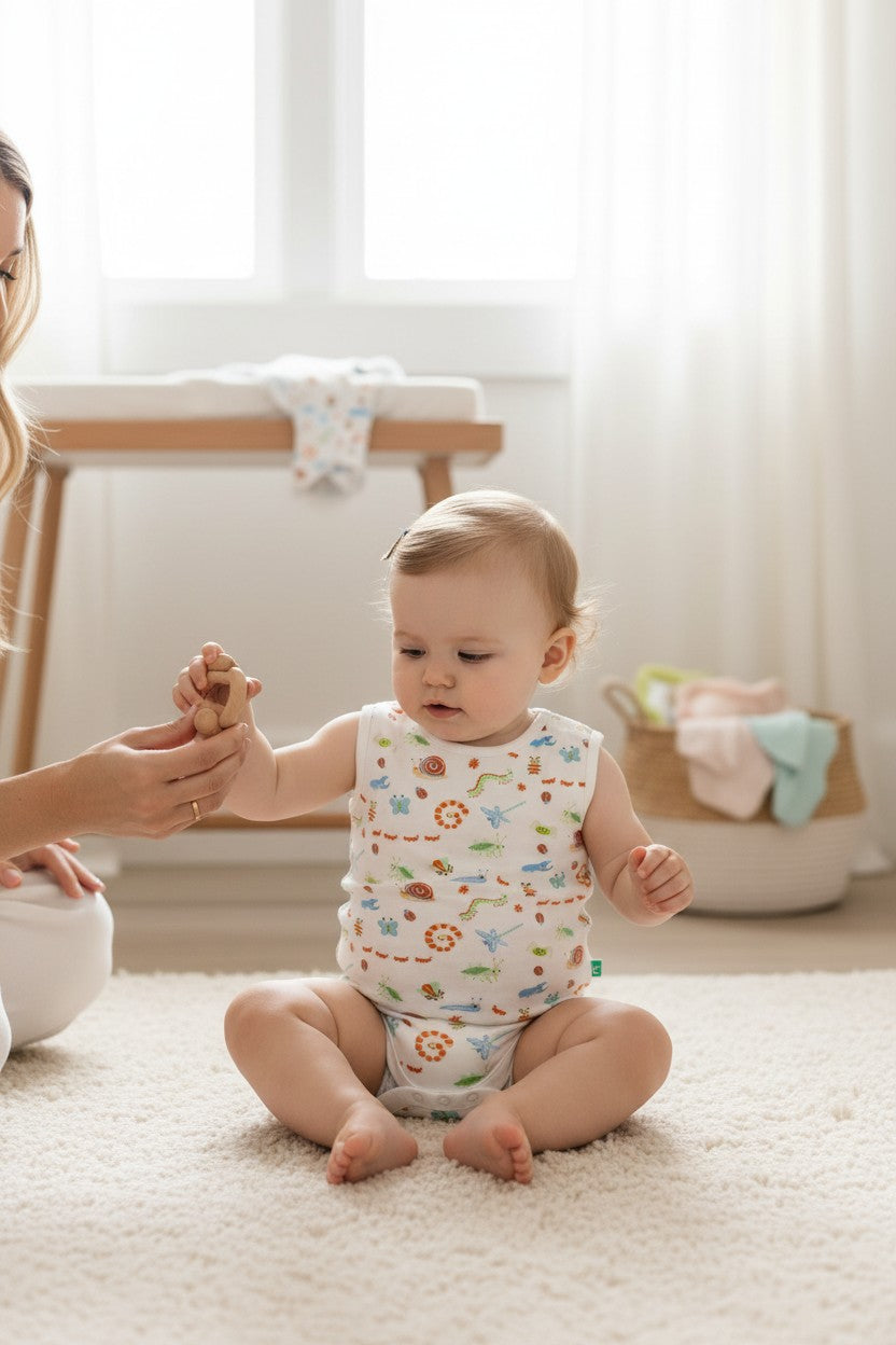 Calla Lily Cosmetics + CL kids white sleeveless cotton bodysuit with a playful insect print, featuring snails, caterpillars, butterflies, and dragonflies.