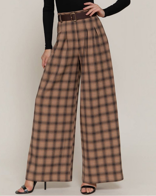 Calla Lily Cosmetics + CL kids khaki plaid wide-leg pleated pants with a brown belt worn by a blonde model