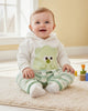 Calla Lily Cosmetics + CL kids white hoodie with green cartoon applique and striped joggers for kids.