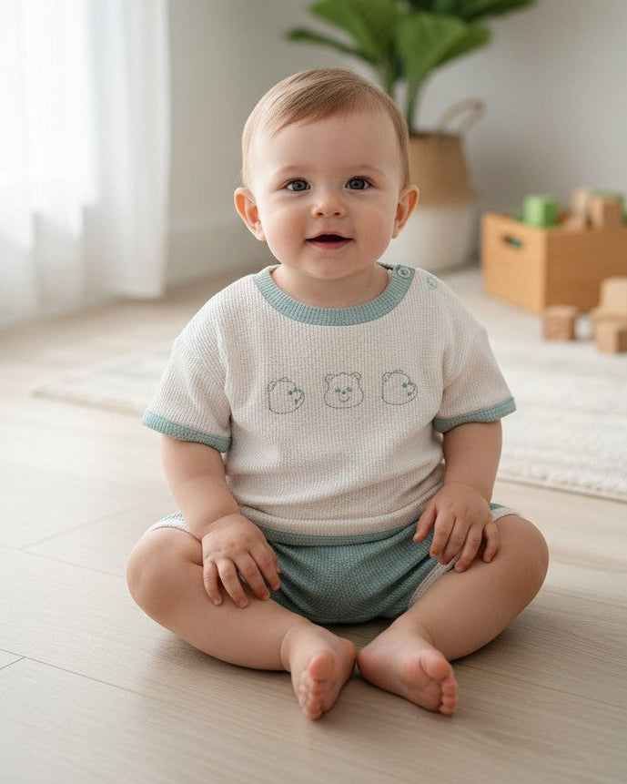 Calla Lily Cosmetics + CL kids white waffle knit t-shirt with bear embroidery and mint green shorts with white trim.