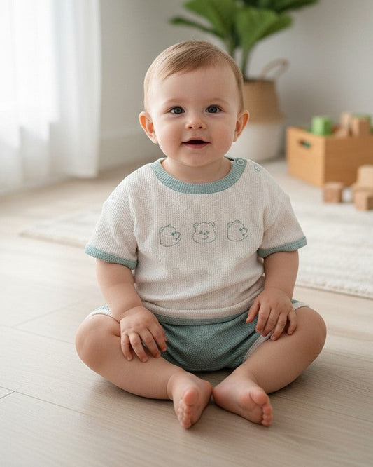 Calla Lily Cosmetics + CL kids white waffle knit t-shirt with bear embroidery and mint green shorts with white trim.