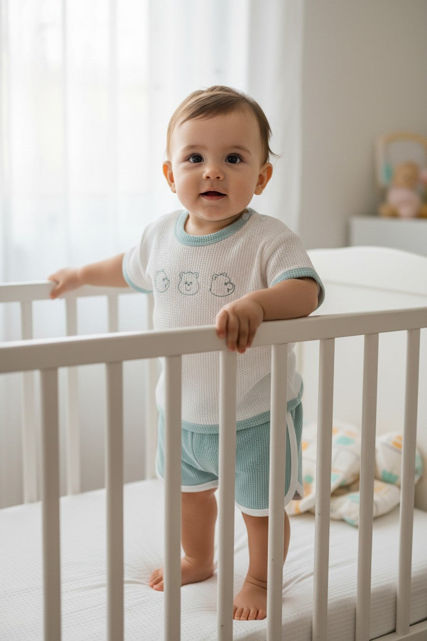 Calla Lily Cosmetics + CL kids mint green waffle knit t-shirt with bear embroidery and matching shorts with white trim.