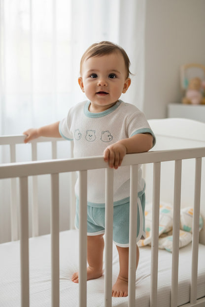 Calla Lily Cosmetics + CL kids mint green waffle knit t-shirt with bear embroidery and matching shorts with white trim.