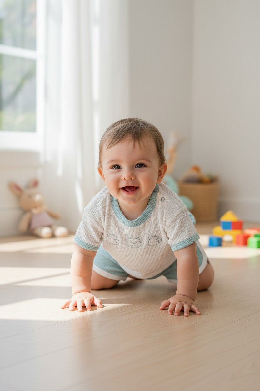 Calla Lily Cosmetics + CL kids white waffle knit t-shirt with bear embroidery and mint green shorts with white trim.