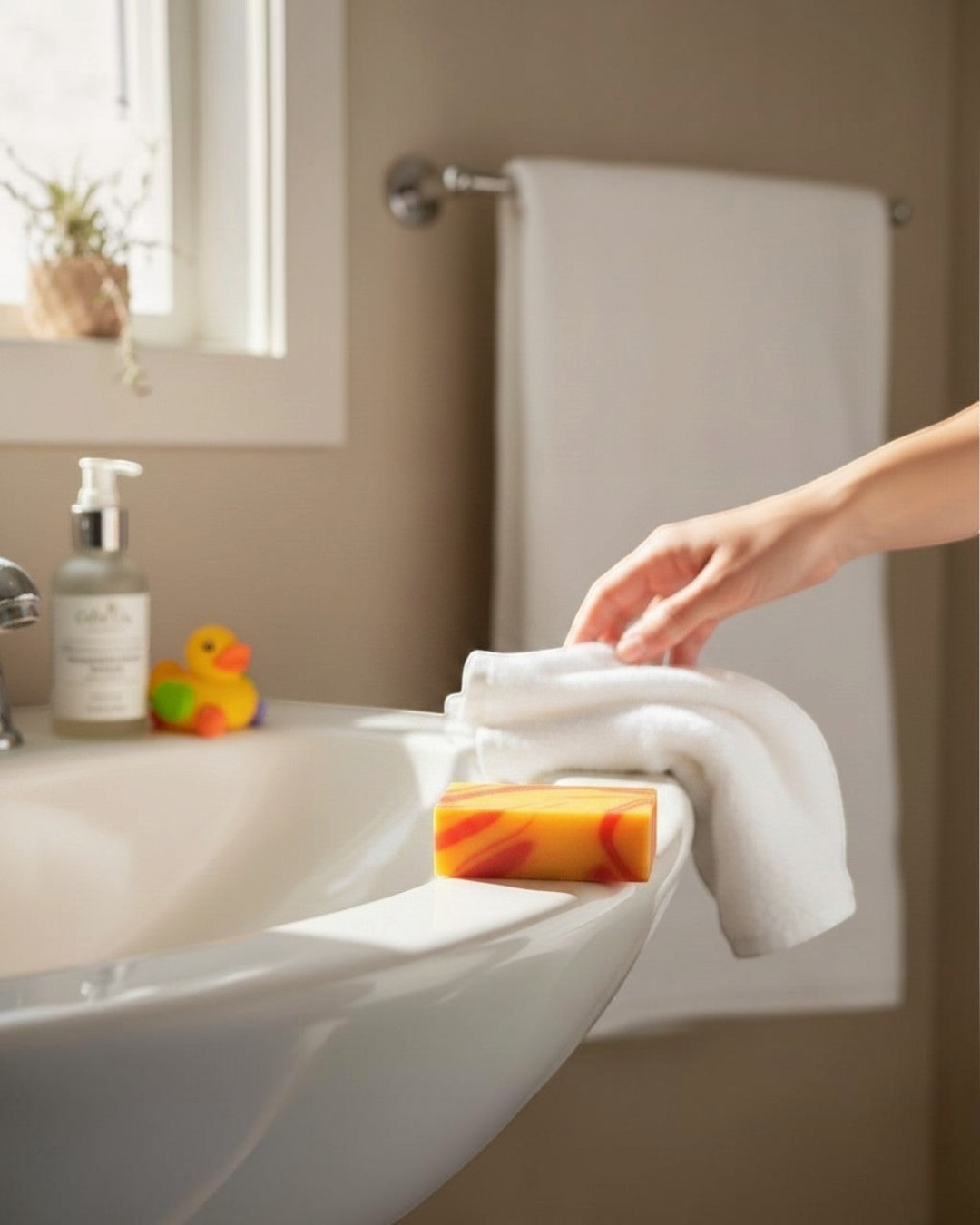 Calla Lily Cosmetics + CL kids Monkey Farts bar soap, a stack of three orange and yellow swirled bars with suds.