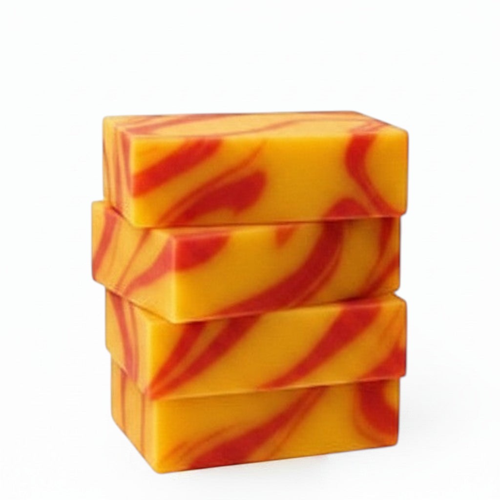 Calla Lily Cosmetics + CL kids Monkey Farts bar soap, swirled yellow and red, natural moisturizing ingredients.