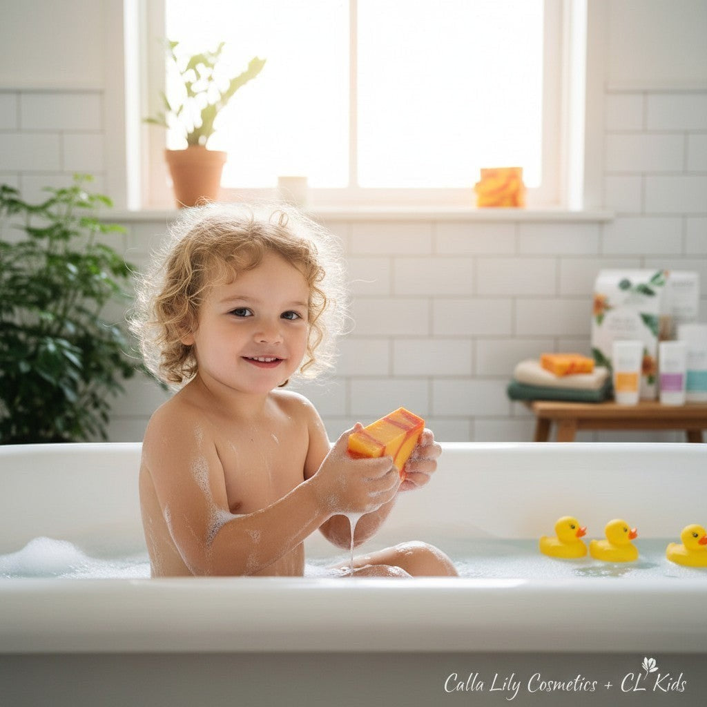 Calla Lily Cosmetics + CL kids Monkey Farts bar soap, yellow with red swirls, natural moisturizing ingredients.