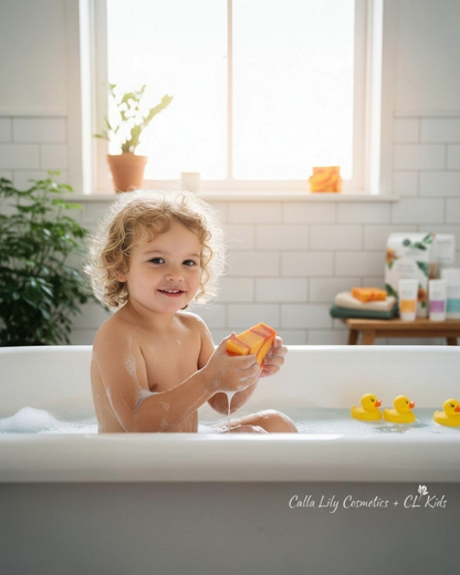 Calla Lily Cosmetics + CL kids Monkey Farts bar soap, yellow with red swirls, natural moisturizing ingredients.