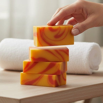 Calla Lily Cosmetics + CL kids Monkey Farts bar soap, yellow with red swirls, banana grapefruit kiwi strawberry scent