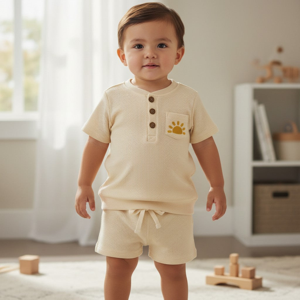 Calla Lily Cosmetics + CL kids off-white waffle knit top and shorts set with embroidered sun detail. Cotton-polyester blend.