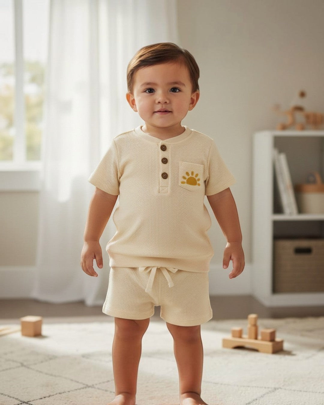 Calla Lily Cosmetics + CL kids off-white waffle knit top and shorts set with embroidered sun detail. Cotton-polyester blend.
