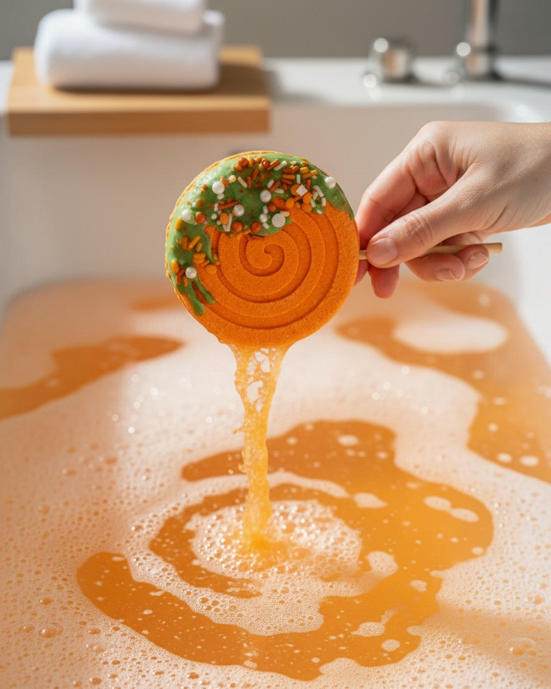 Calla Lily Cosmetics + CL kids orange lollipop bath bomb with green icing and sprinkles fizzing in a bubbly bath