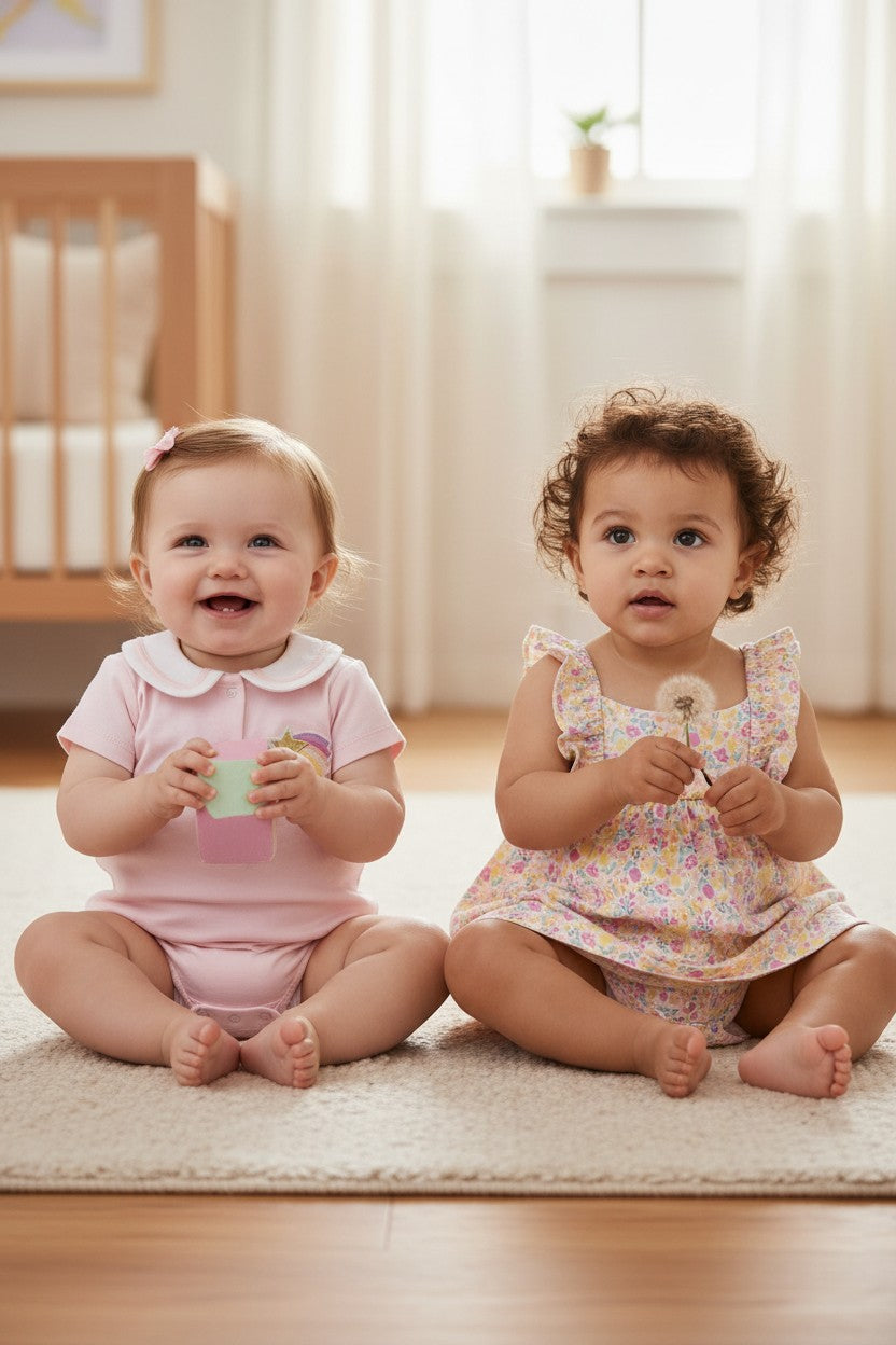 Calla Lily Cosmetics + CL kids pink organic cotton baby girls bodysuit with shooting star embroidery and floral ruffle dress set.
