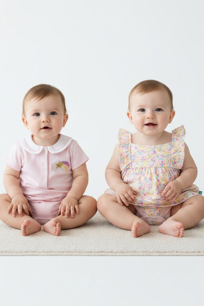 Calla Lily Cosmetics + CL kids organic cotton baby girls' pink bodysuit with shooting star embroidery and floral ruffle dress set.