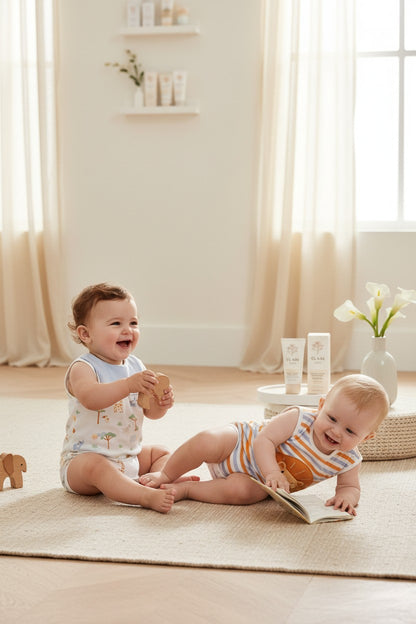 Calla Lily Cosmetics + CL kids organic cotton baby romper set with lion applique and safari print. Sleeveless with snap closure.