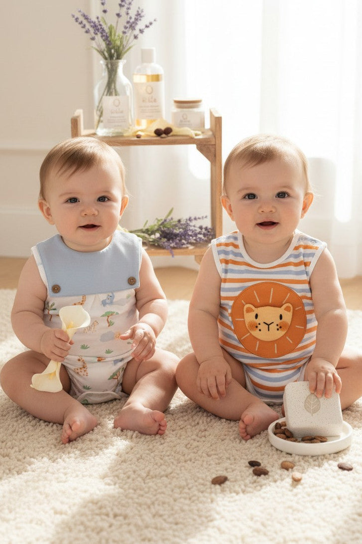 Calla Lily Cosmetics + CL kids organic cotton baby romper set with lion applique and safari print. Sleeveless with snap closures.
