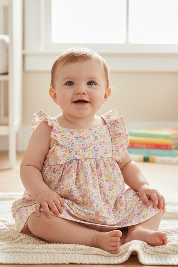 Calla Lily Cosmetics + CL kids organic cotton floral ruffle sleeve bodysuit for baby girls. Pink, yellow, and blue floral print.