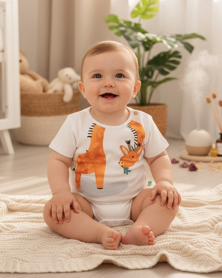 Calla Lily Cosmetics + CL kids white organic cotton short-sleeve baby bodysuit with orange giraffe graphic and snap closure.
