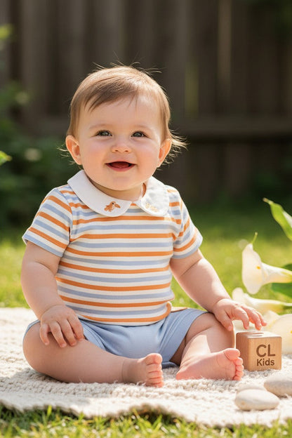 Calla Lily Cosmetics + CL kids organic cotton 3-piece baby outfit set with safari print bodysuit, striped polo bodysuit, and blue shorts.