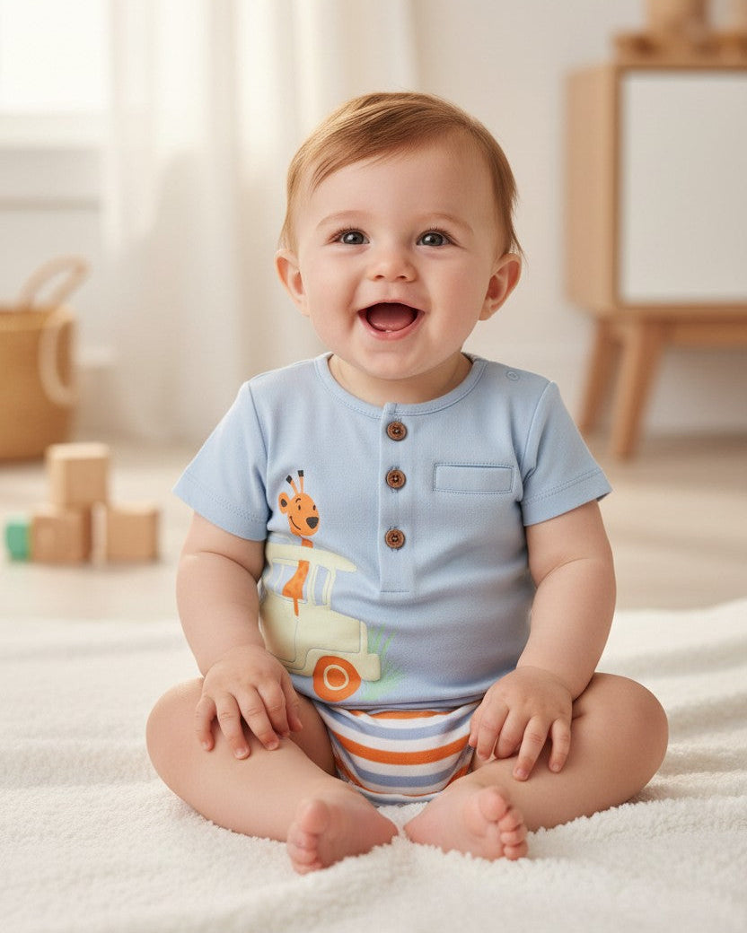 Calla Lily Cosmetics + CL kids light blue organic cotton baby bodysuit with giraffe in safari jeep graphic and striped trim. Wooden buttons.