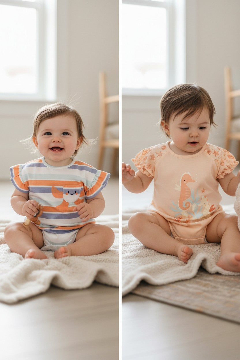 Calla Lily Cosmetics + CL kids Peach Flick Bodysuits (2-Pack Set) - striped and peach with seahorse graphics
