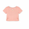 Calla Lily Cosmetics + CL kids toddler peach ribbed knit top with lace trim and bow, paired with blue chambray shorts.