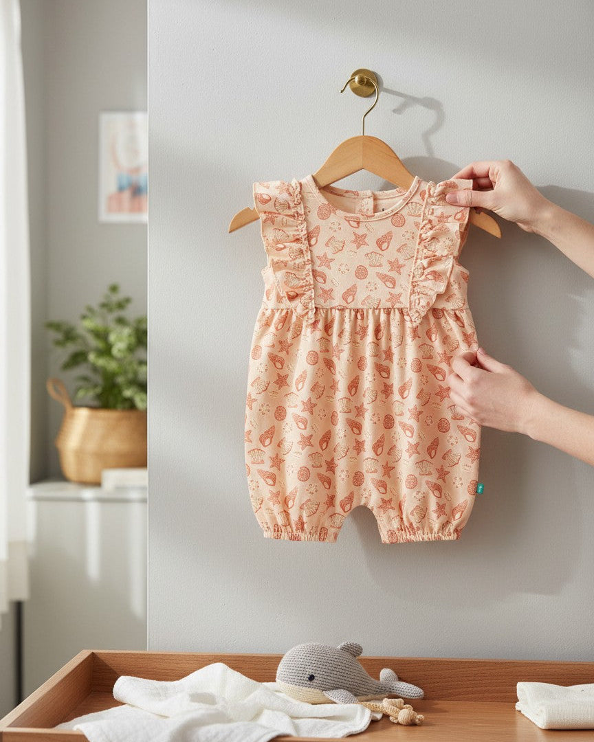 Calla Lily Cosmetics + CL kids peach organic cotton baby romper with seashell and starfish print and ruffled sleeves.