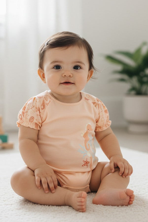 Calla Lily Cosmetics + CL kids peach cotton bodysuit with seahorse and seashell print, short sleeves, snap closure.