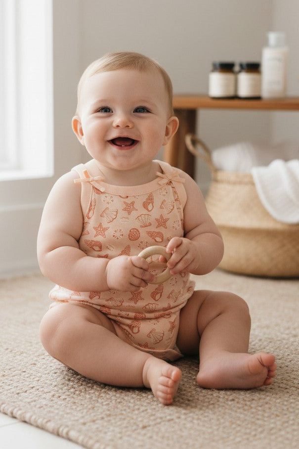Calla Lily Cosmetics + CL kids peach cotton baby bodysuit with seashell and starfish print and bow shoulder straps.