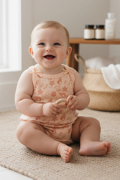 Calla Lily Cosmetics + CL kids peach cotton baby bodysuit with seashell and starfish print and bow shoulder straps.