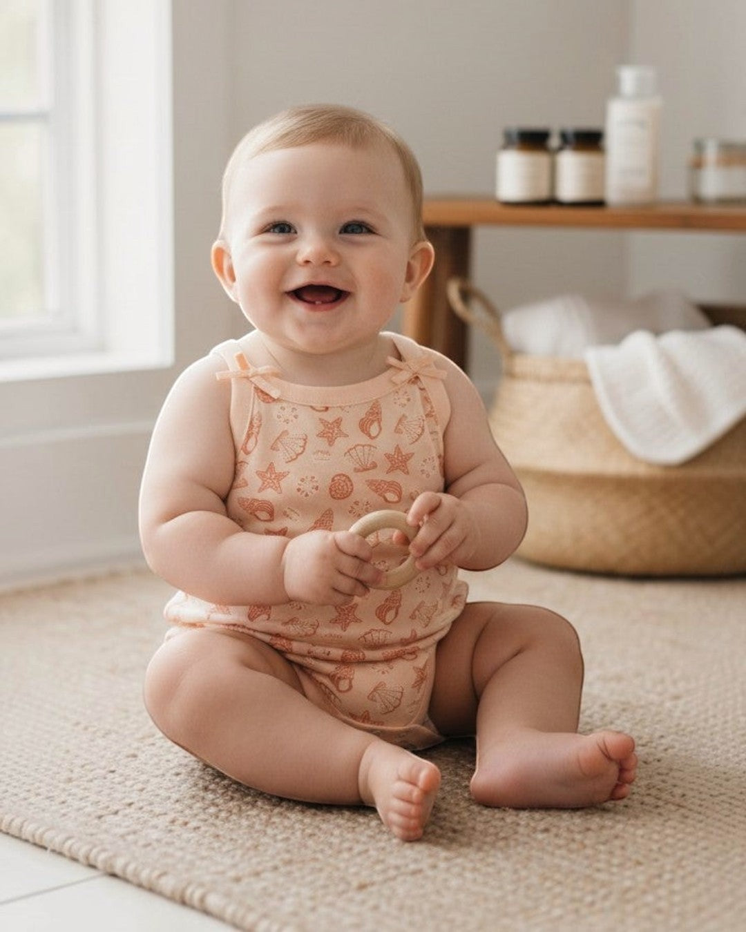 Calla Lily Cosmetics + CL kids peach cotton baby bodysuit with seashell and starfish print and bow shoulder straps.