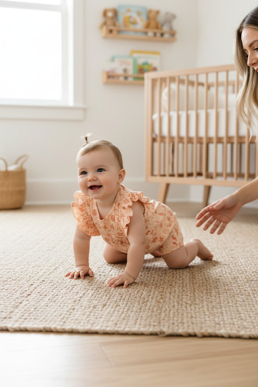 Calla Lily Cosmetics + CL kids peach cotton romper with seashell and starfish print, flutter sleeves, and snap closures.