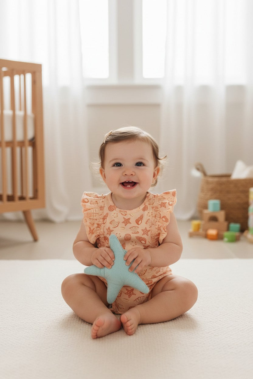Calla Lily Cosmetics + CL kids peach cotton romper with seashell and starfish print and ruffled sleeves.