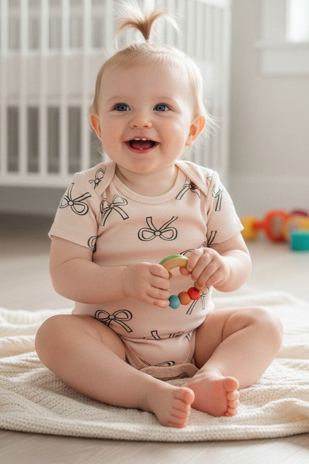 Calla Lily Cosmetics + CL kids pink cotton bodysuit with black bow print, lap shoulders, and snap closure.