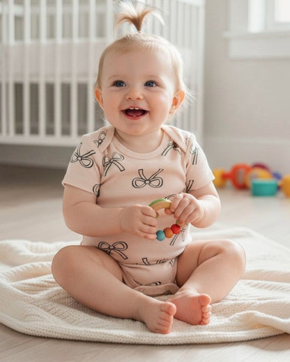 Calla Lily Cosmetics + CL kids pink cotton bodysuit with black bow print, lap shoulders, and snap closure.