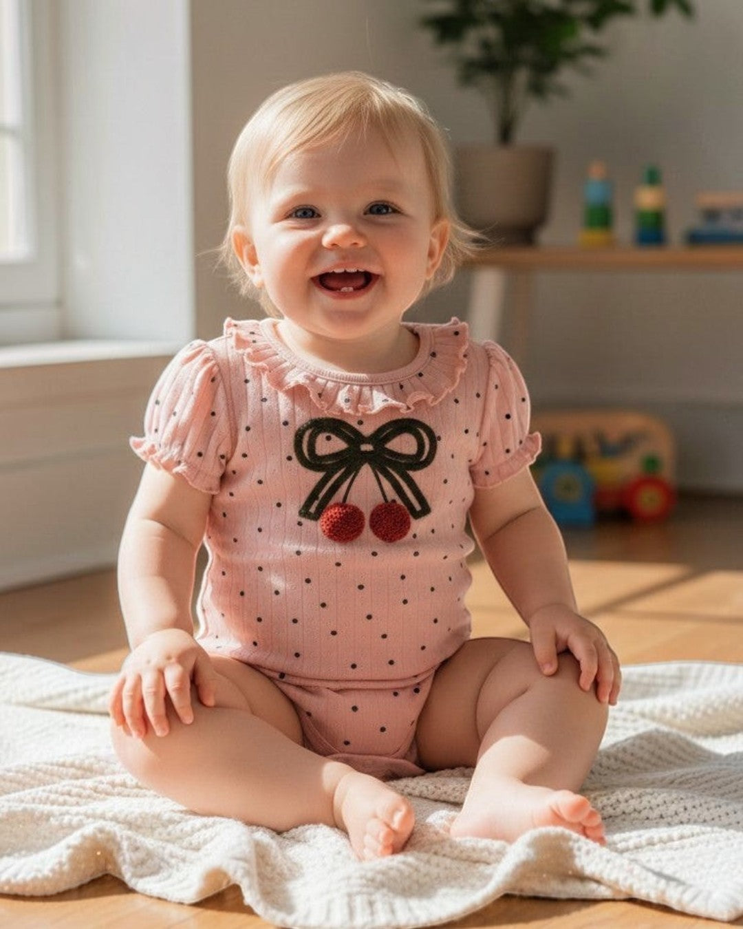 Calla Lily Cosmetics + CL kids pink cotton bodysuit with black polka dots, ruffled collar, and cherry bow applique. Lap shoulders and snap closure.