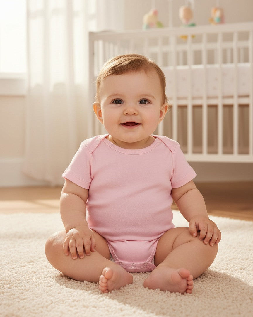 Calla Lily Cosmetics + CL kids pink short-sleeve 100% cotton baby bodysuit with lap shoulder neckline and snap closure.
