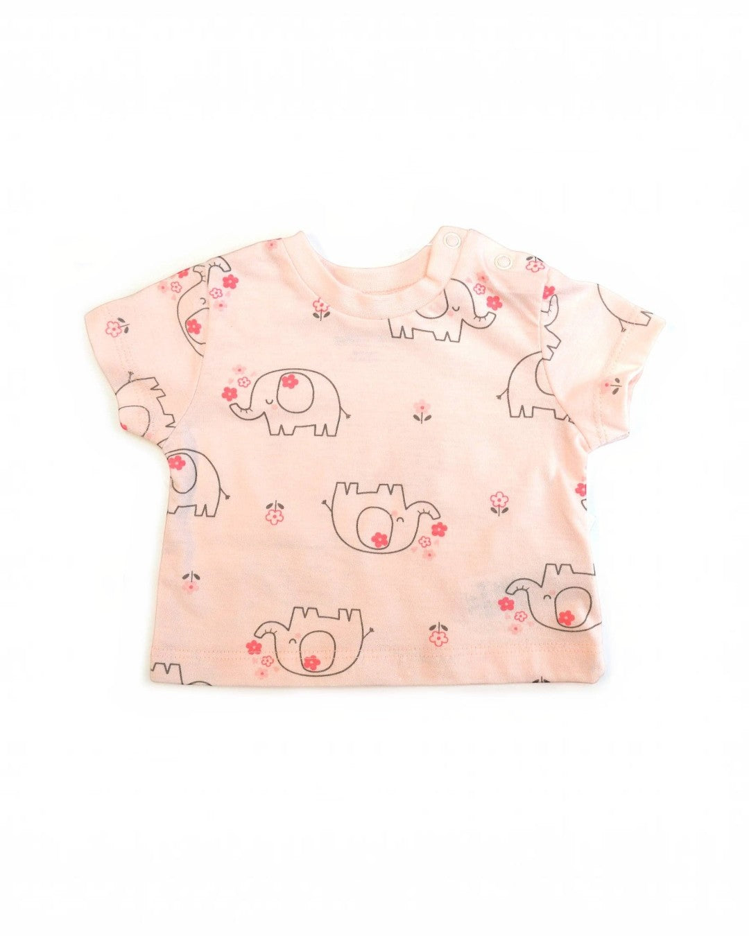 Calla Lily Cosmetics + CL kids pink cotton blend t-shirt with elephant and flower print, short sleeves, snap shoulder closures.