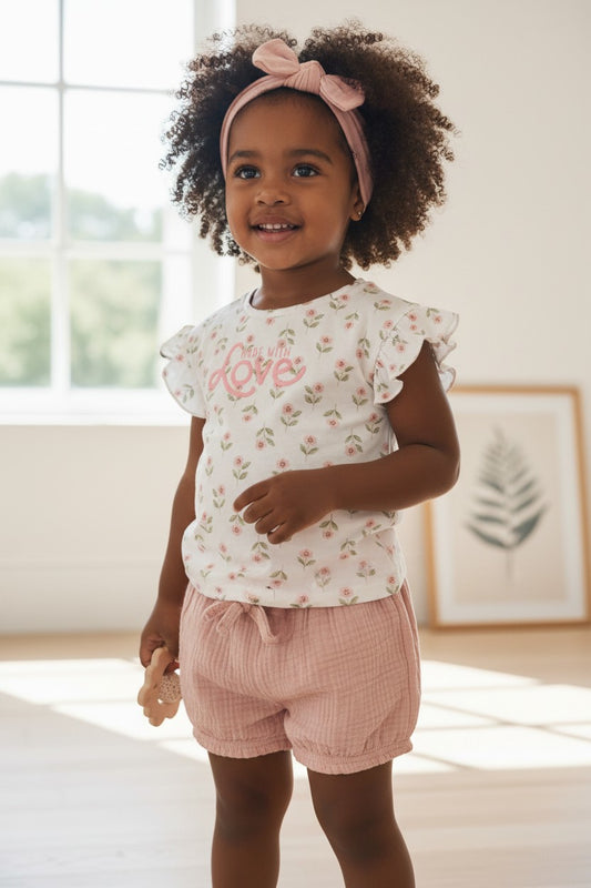 Calla Lily Cosmetics + CL kids white cotton t-shirt with pink floral print and ruffle sleeves, paired with pink gauze shorts. Includes headband.