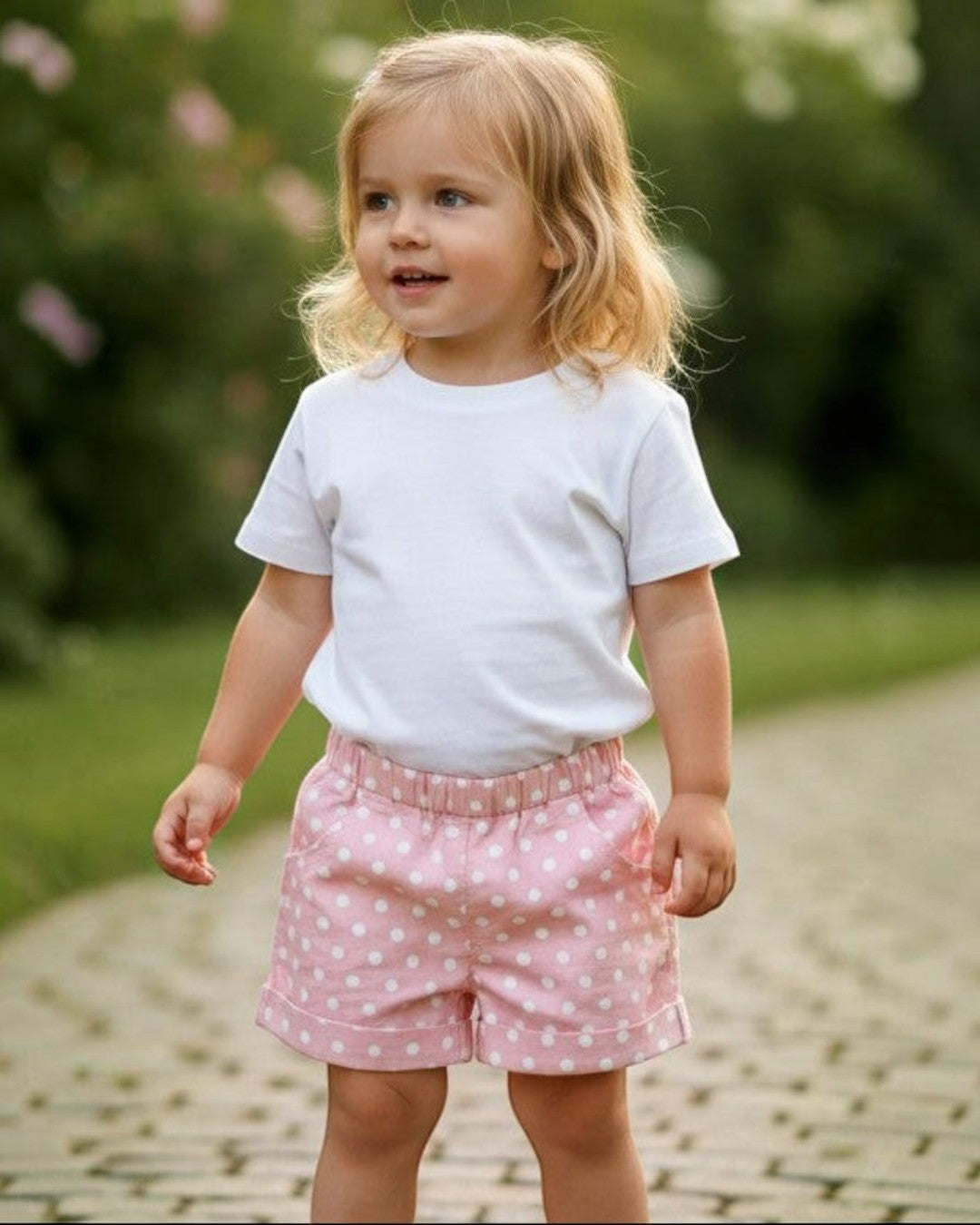 Calla Lily Cosmetics + CL kids pink polka dot toddler shorts with elastic waistband and pockets, 100% cotton.