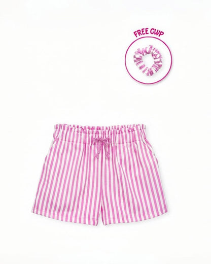 Calla Lily Cosmetics + CL kids pink and white striped cotton shorts and matching tank top set with scrunchie.