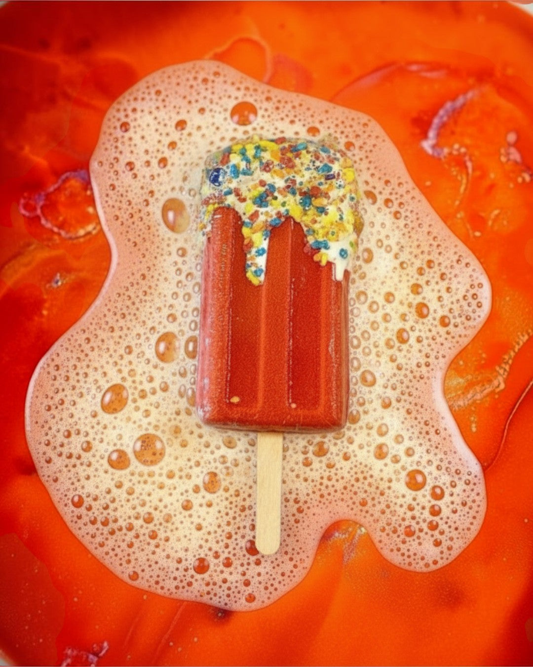 Calla Lily Cosmetics + CL kids red orange popsicle bath bomb with colorful sprinkles fizzing in orange bath water