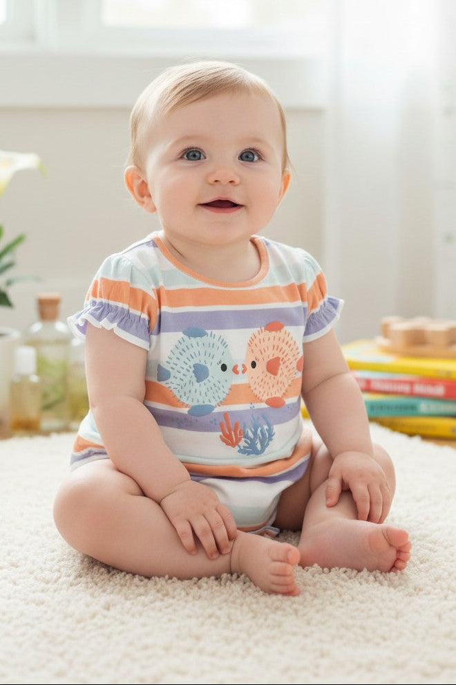 Calla Lily Cosmetics + CL kids pastel striped cotton bodysuit with two pufferfish graphic and ruffled sleeves.
