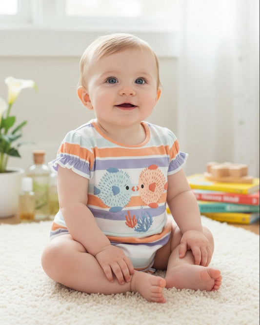 Calla Lily Cosmetics + CL kids pastel striped cotton bodysuit with two pufferfish graphic and ruffled sleeves.