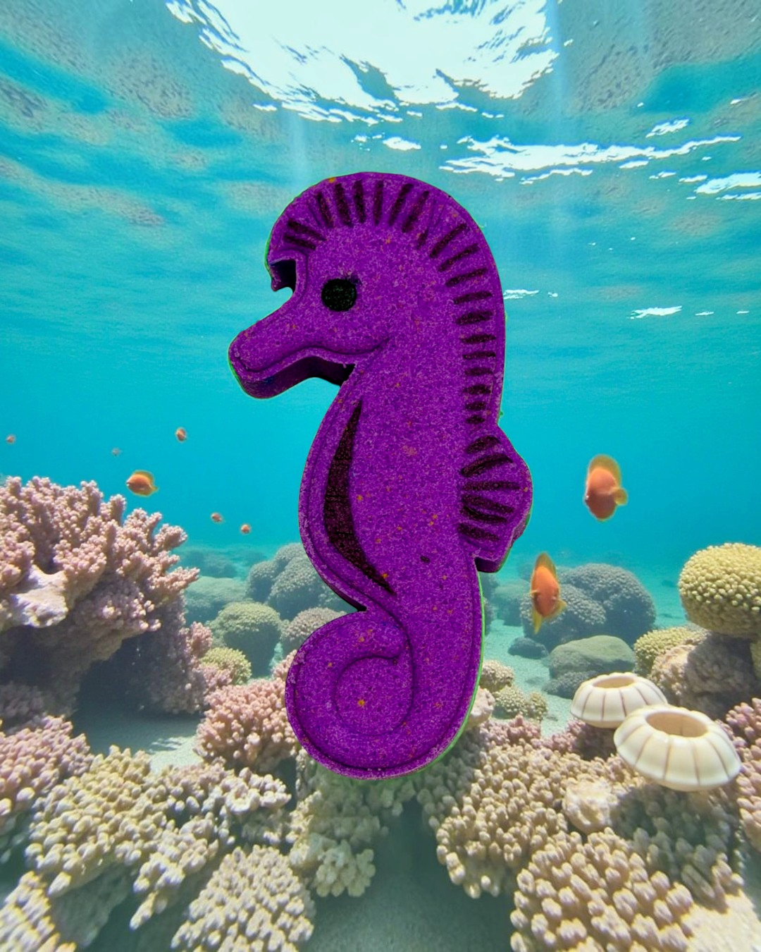 Calla Lily Cosmetics + CL kids purple seahorse-shaped bath bomb with a grape scent, enriched with cocoa butter.