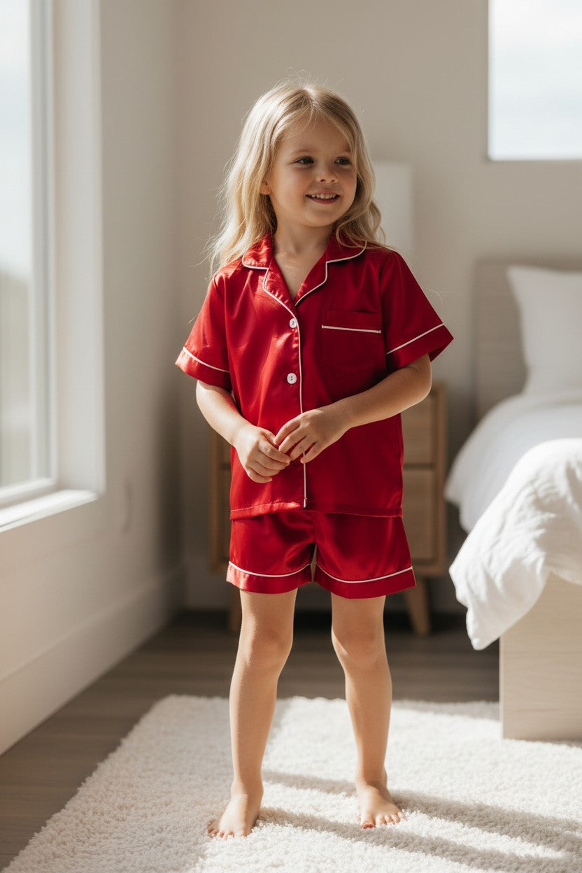 Calla Lily Cosmetics + CL kids red satin pajama set with white piping, short sleeves, button-up top, and shorts.