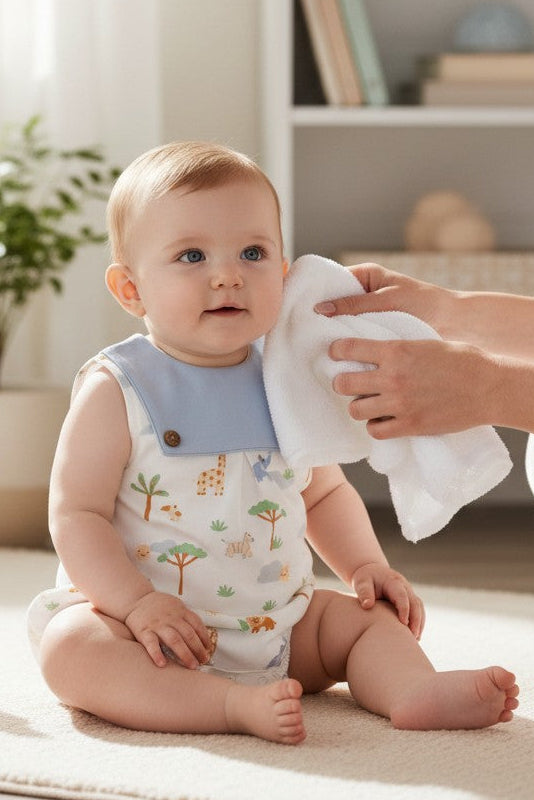 Calla Lily Cosmetics + CL kids white organic cotton baby romper with safari animal print and blue sailor collar.