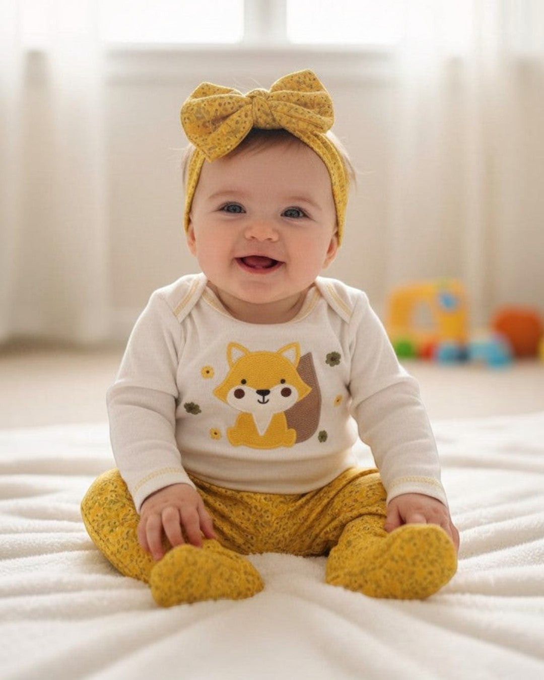 Calla Lily Cosmetics + CL kids Sterling Baby 3 Piece Fox Set: cream long sleeve onesie with fox embroidery, yellow floral pants, and matching bow headband. Cotton blend.